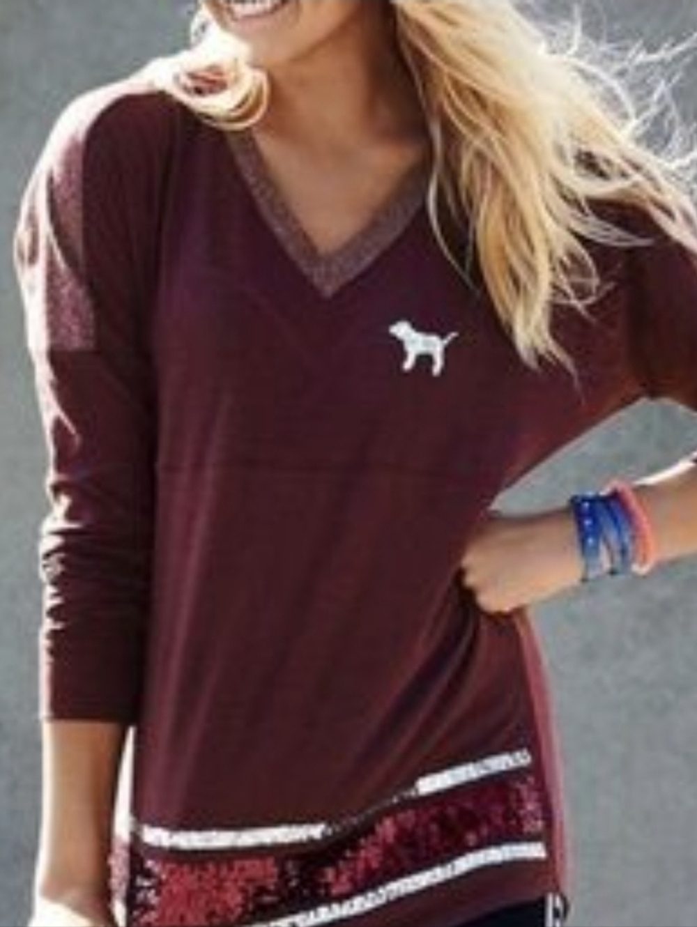 PINK Sequin Letter Long Sleeve T-Shirt L